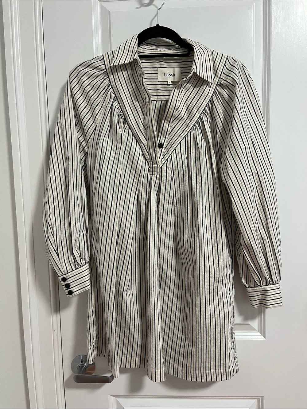 ba&sh Cream and Black Striped Long Sleeve Dress
